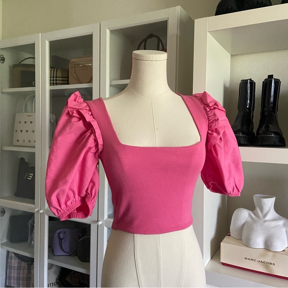 ZARA Summer Hot Pink Puffed Balloon Short Sleeves Poplin Rib Crop Top Size Small - Picture 4 of 8